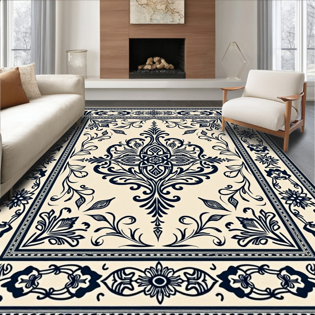 Cream Navy Floral Scroll Medallion Rug
