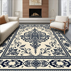 Cream Navy Floral Scroll Medallion Rug