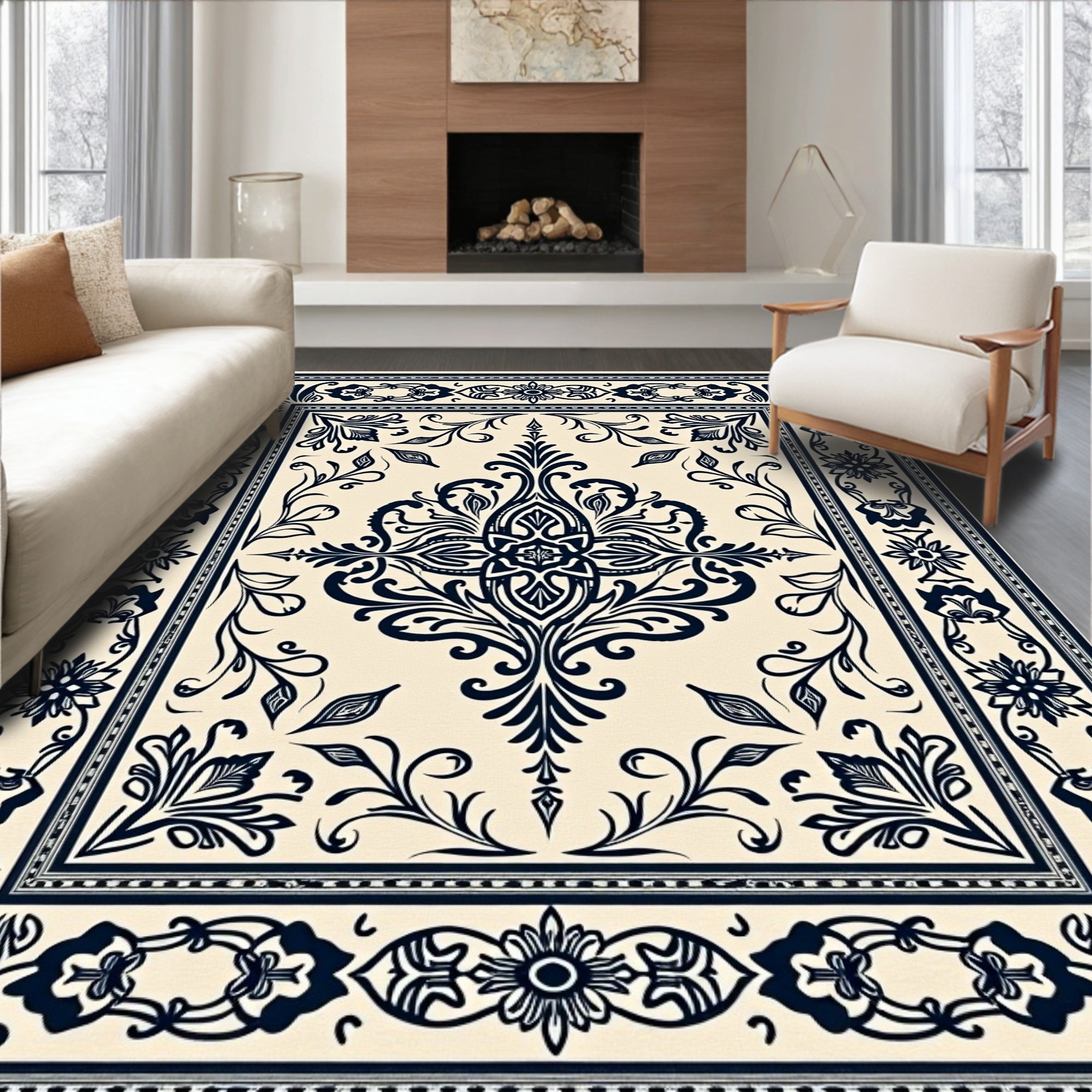 Cream Navy Floral Scroll Medallion Rug