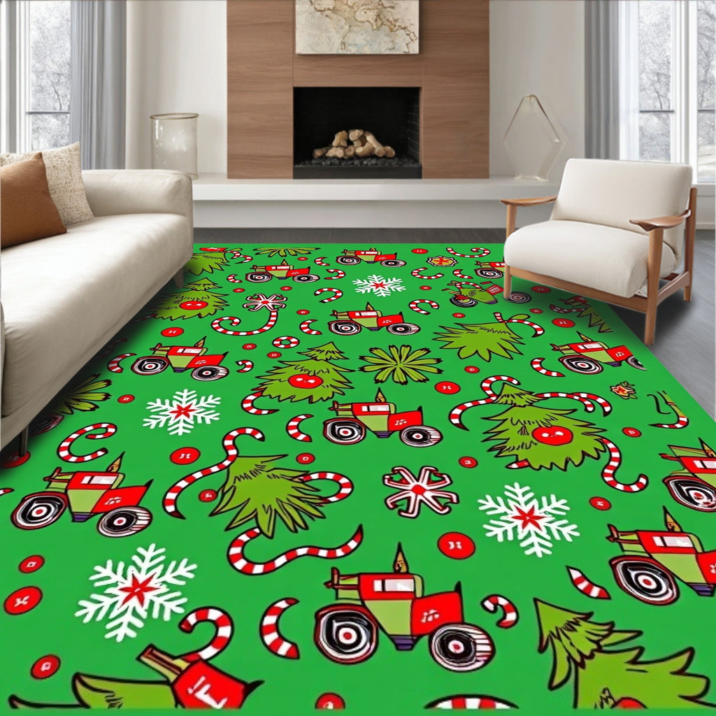 Whimsical Green Red Tractor Holiday Rug