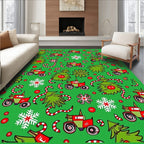 Whimsical Green Red Tractor Holiday Rug