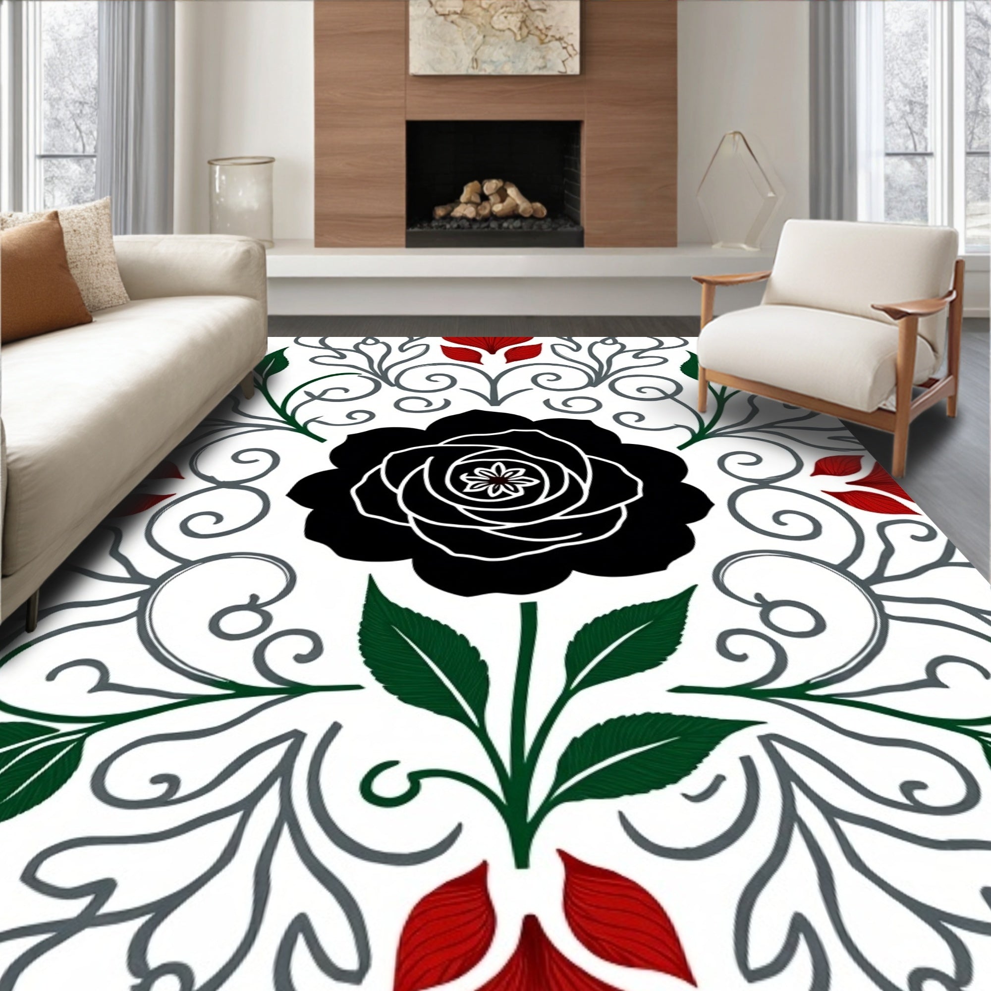 Bold Black Rose Garden Scroll Rug