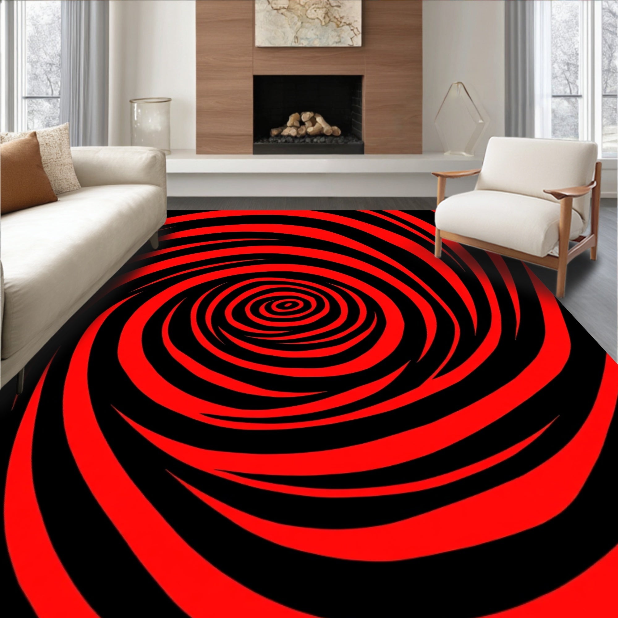 Bold Red Black Spiral Vortex Rug