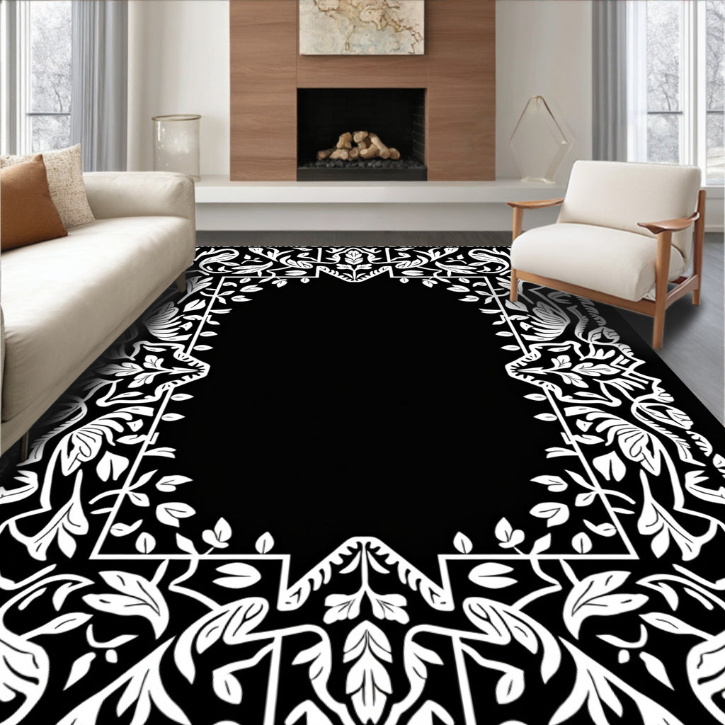White Vine and Leaf Border Medallion Rug