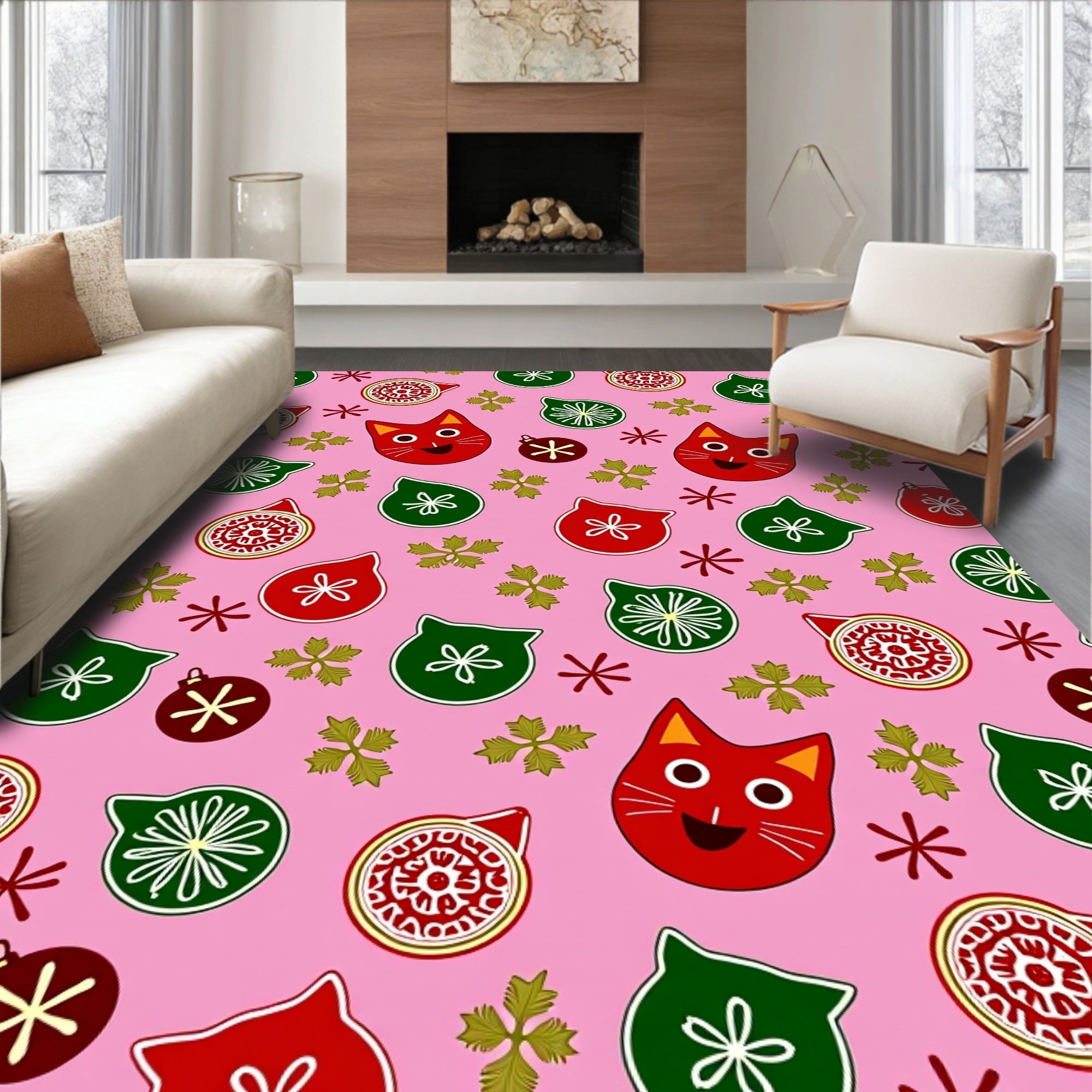 Whimsical Red Cat Holiday Ornaments Rug