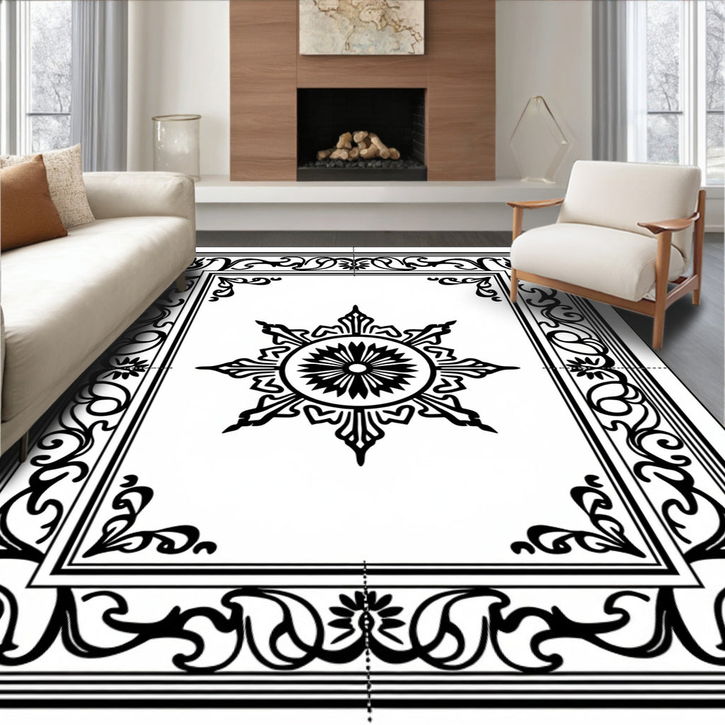 Black White Floral Star Medallion Frame Rug