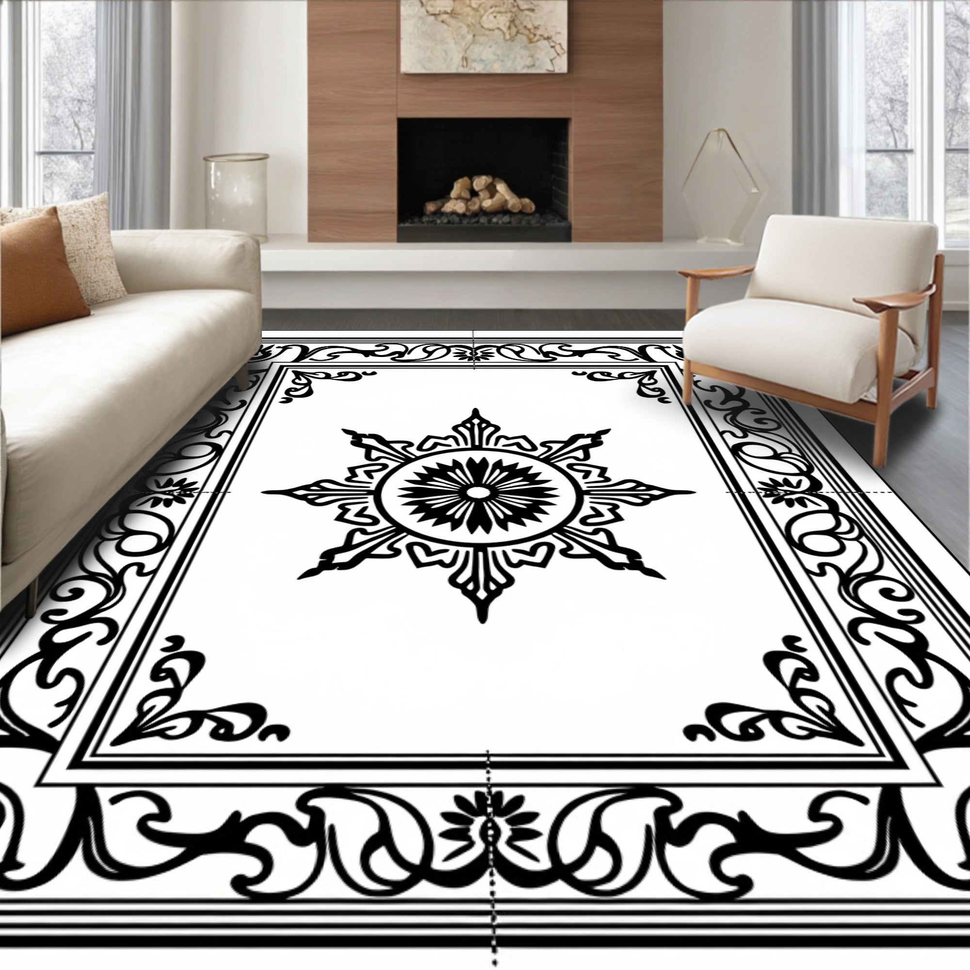 Black White Floral Star Medallion Frame Rug