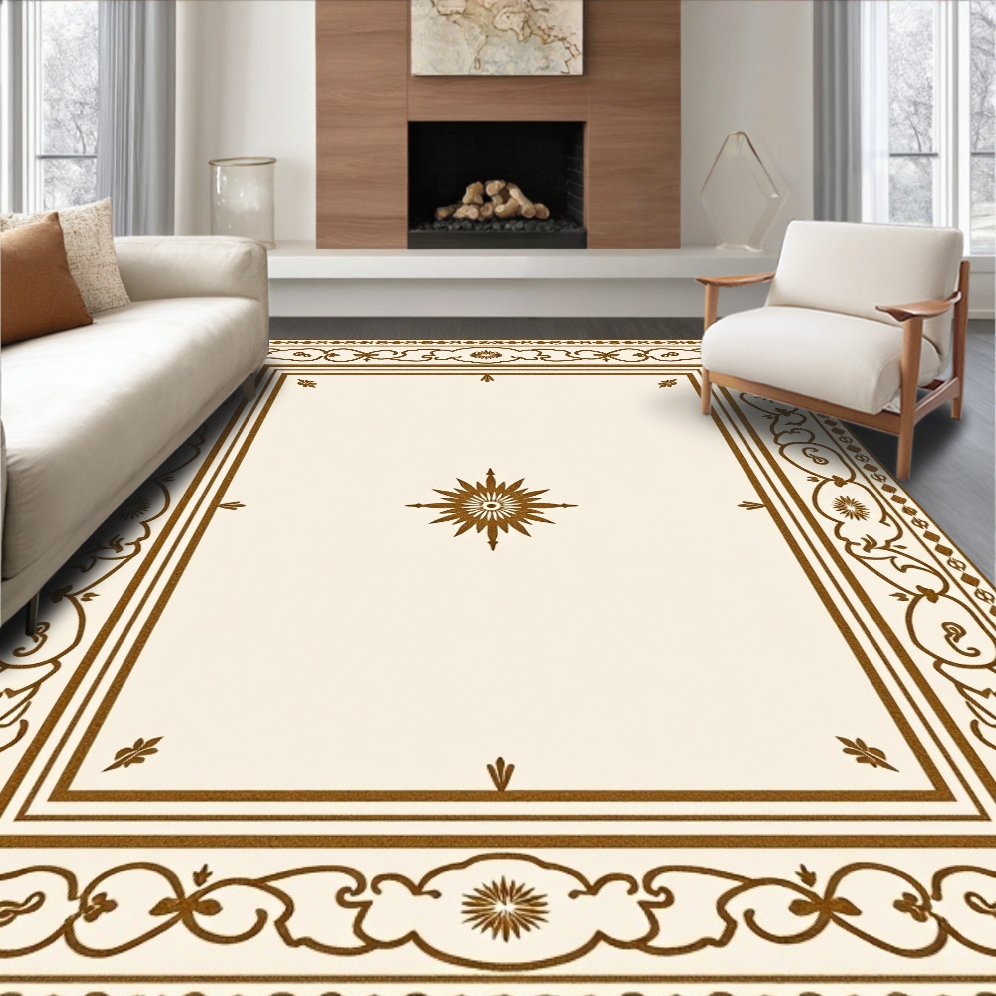 Elegant Brown Filigree Border Star Rug