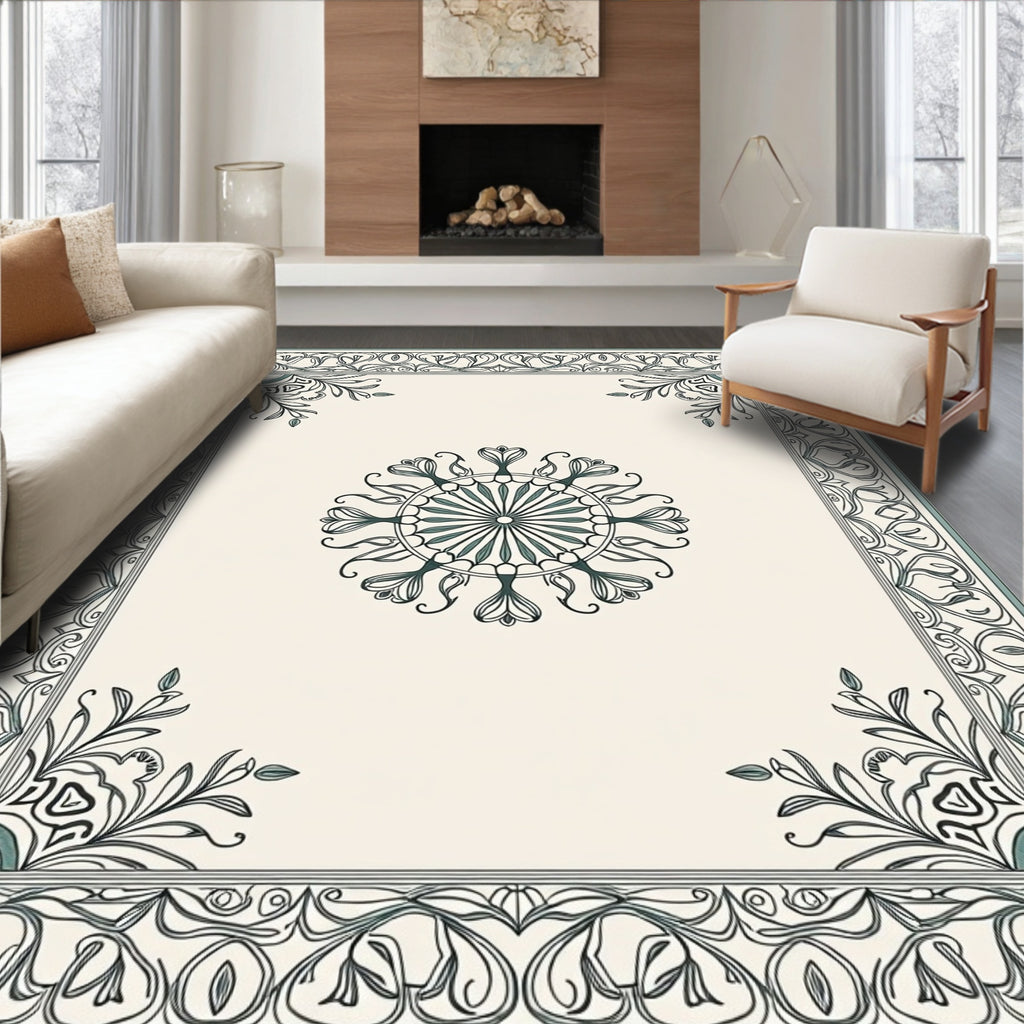 Elegant Teal Floral Medallion Border Rug