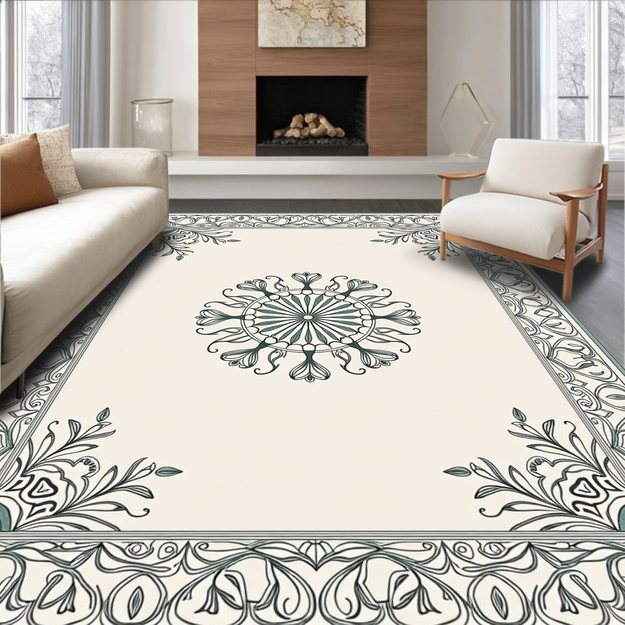 Elegant Teal Floral Medallion Border Rug