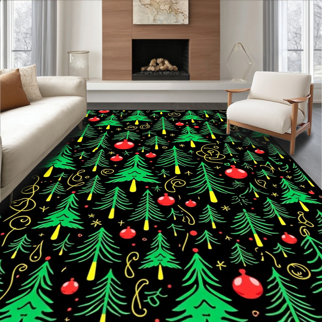 Scattered Green Christmas Trees Red Ornaments Rug