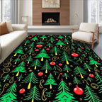 Scattered Green Christmas Trees Red Ornaments Rug