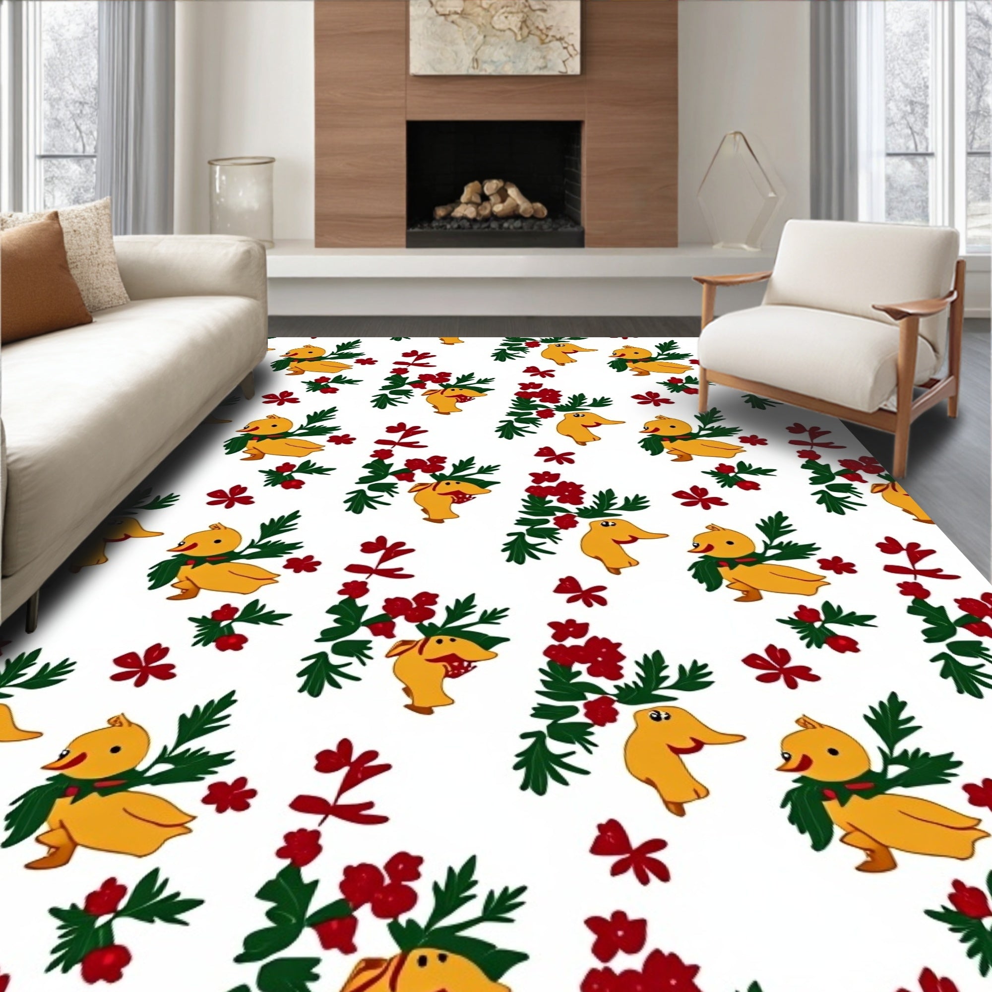 Charming Yellow Ducklings Red Berries Garland Rug