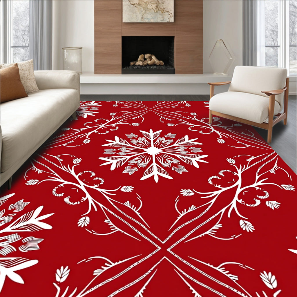 Crimson White Snowflake Medallion Layout Rug