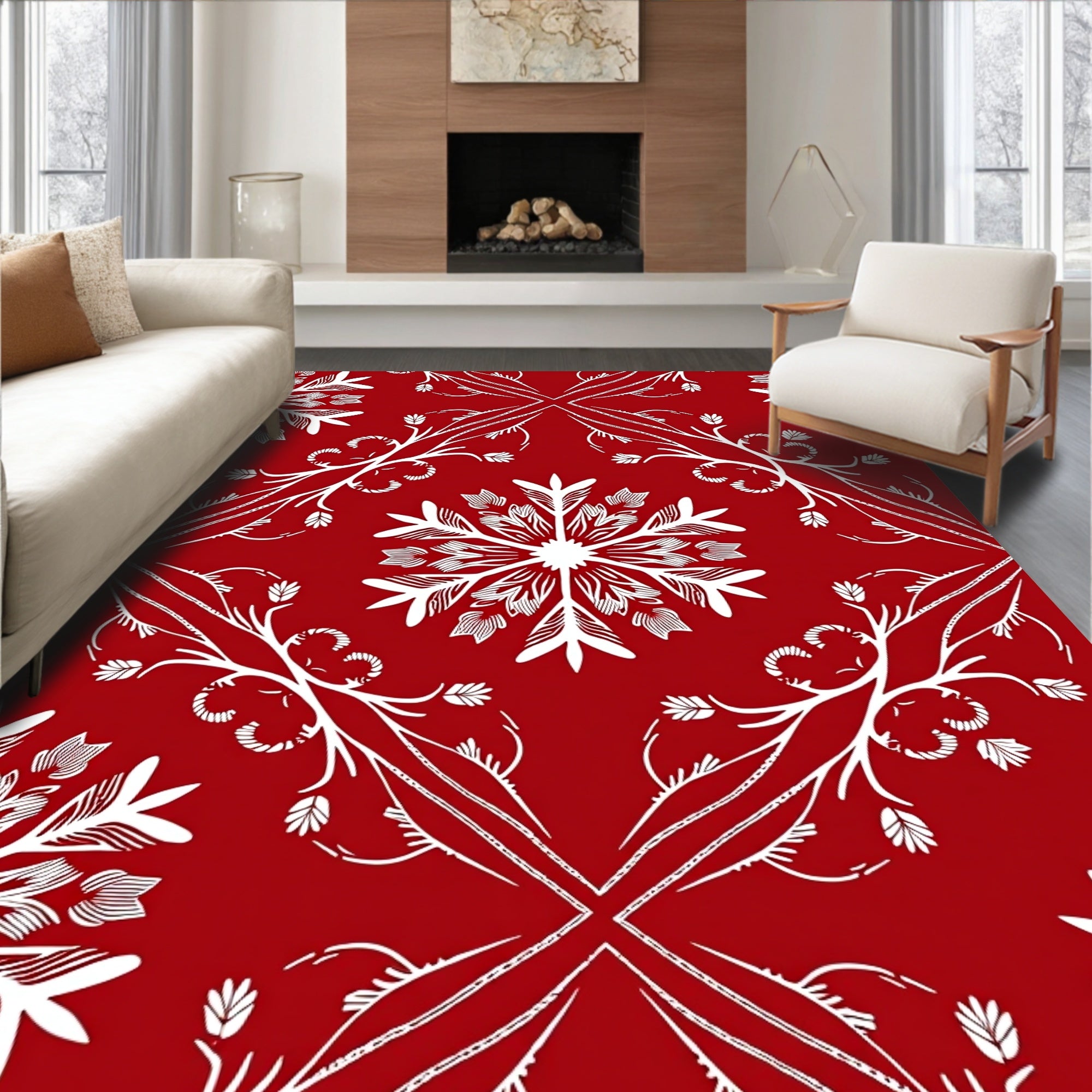 Crimson White Snowflake Medallion Layout Rug