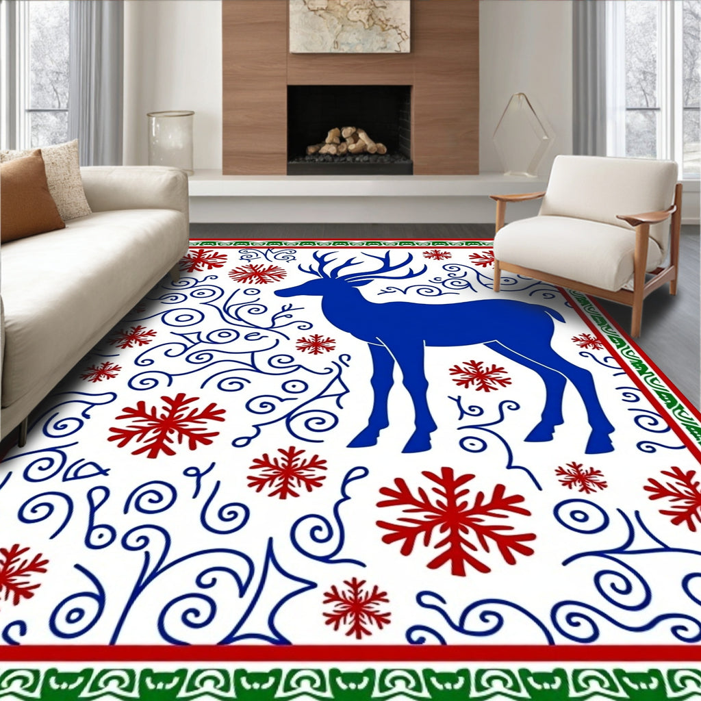 Royal Blue Reindeer Red Snowflake Swirls Rug