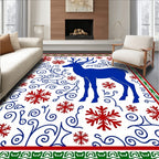 Royal Blue Reindeer Red Snowflake Swirls Rug
