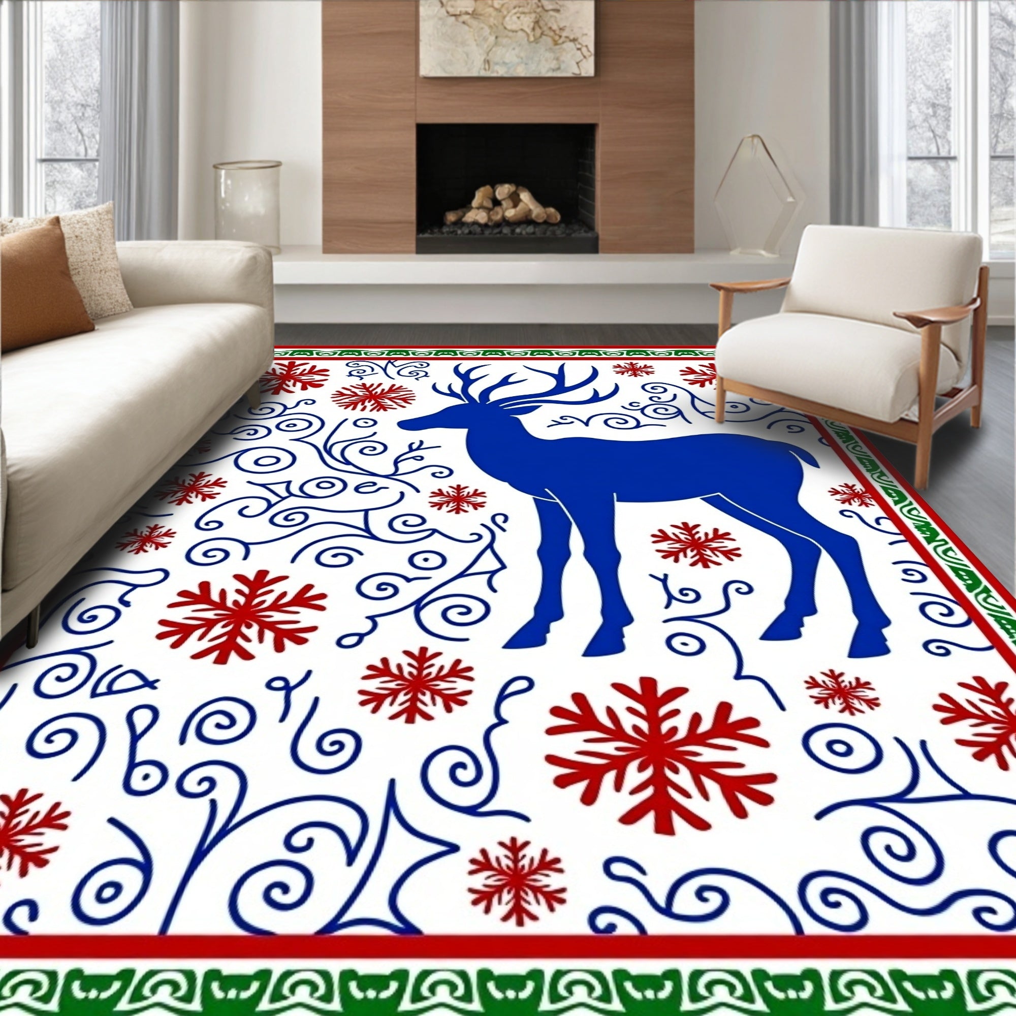 Royal Blue Reindeer Red Snowflake Swirls Rug