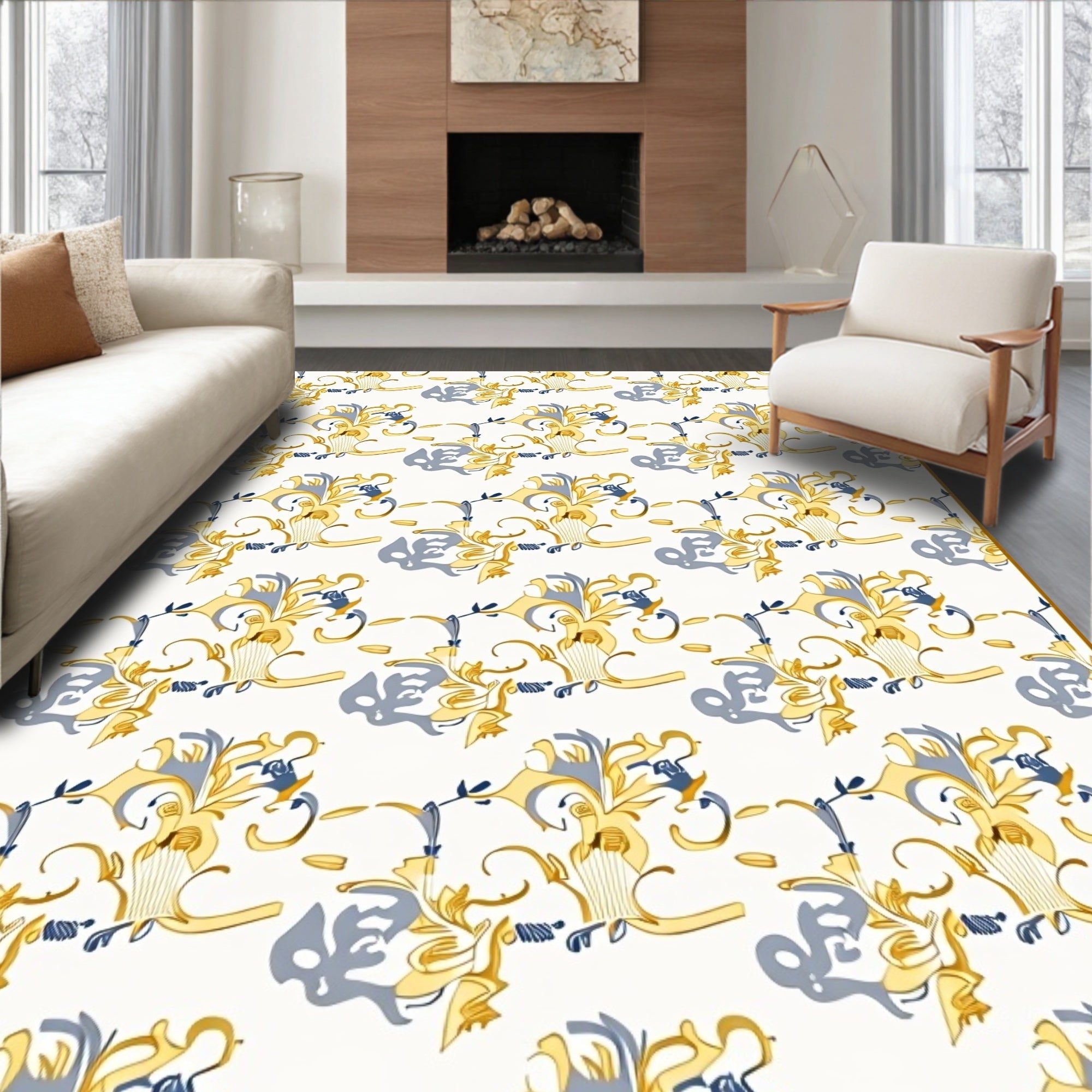 Ornate Golden Blue Scrollwork Rug