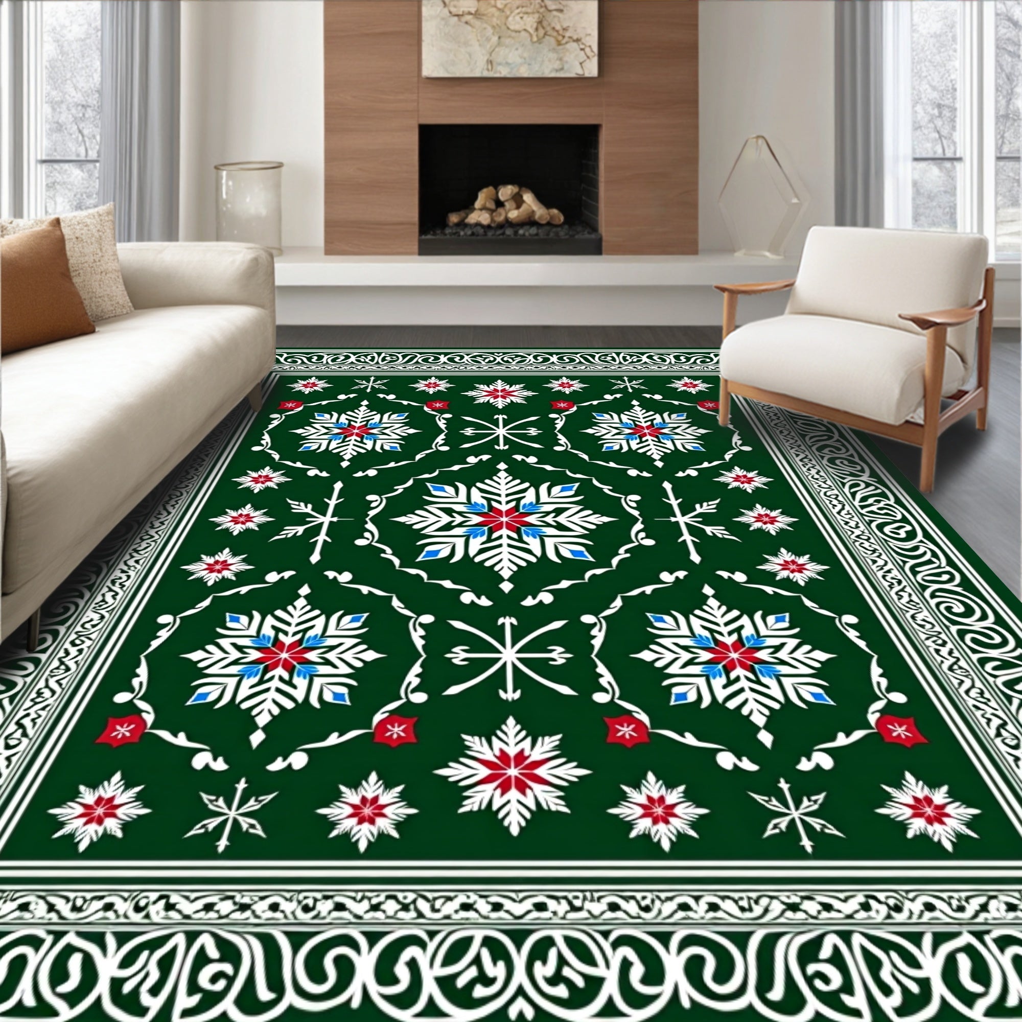 Emerald White Snowflake Medallion Borders Rug