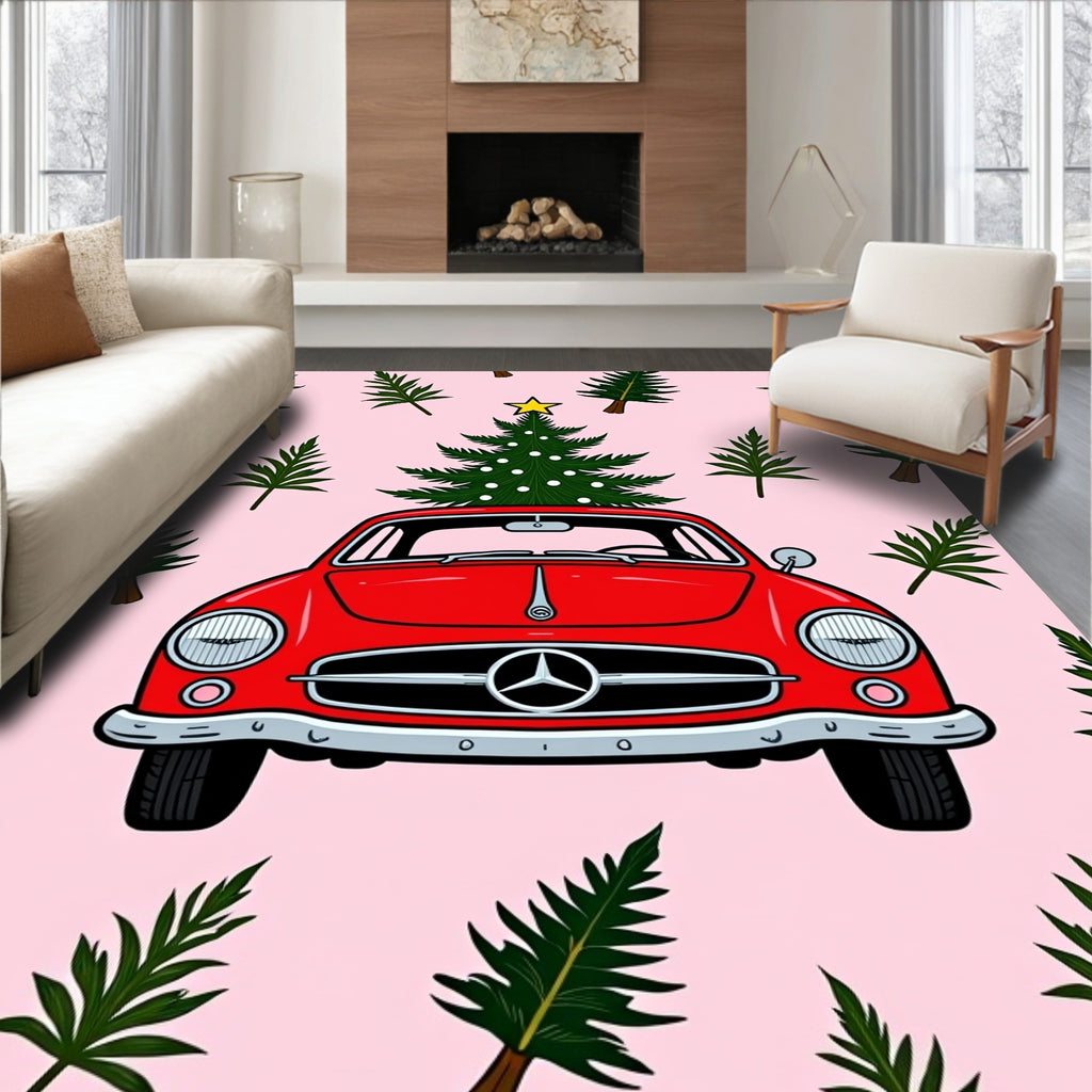 Red Vintage Car Christmas Tree Collection Rug