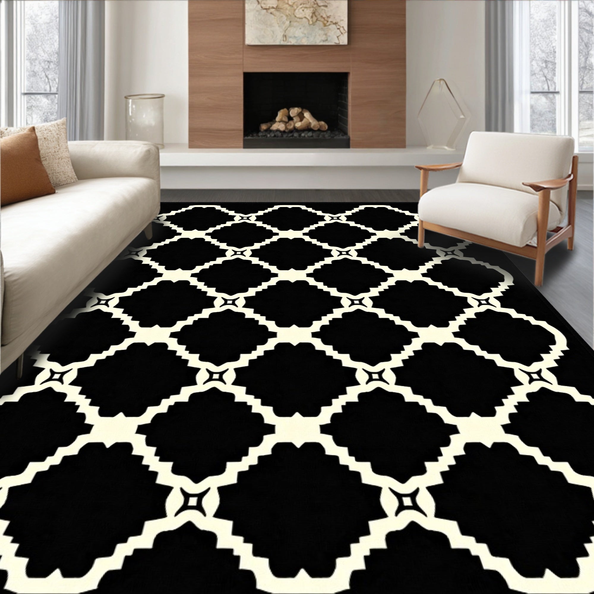 Black Cream Lattice Trellis Rug