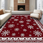 Deep Red White Winterflakes Bordered Rug