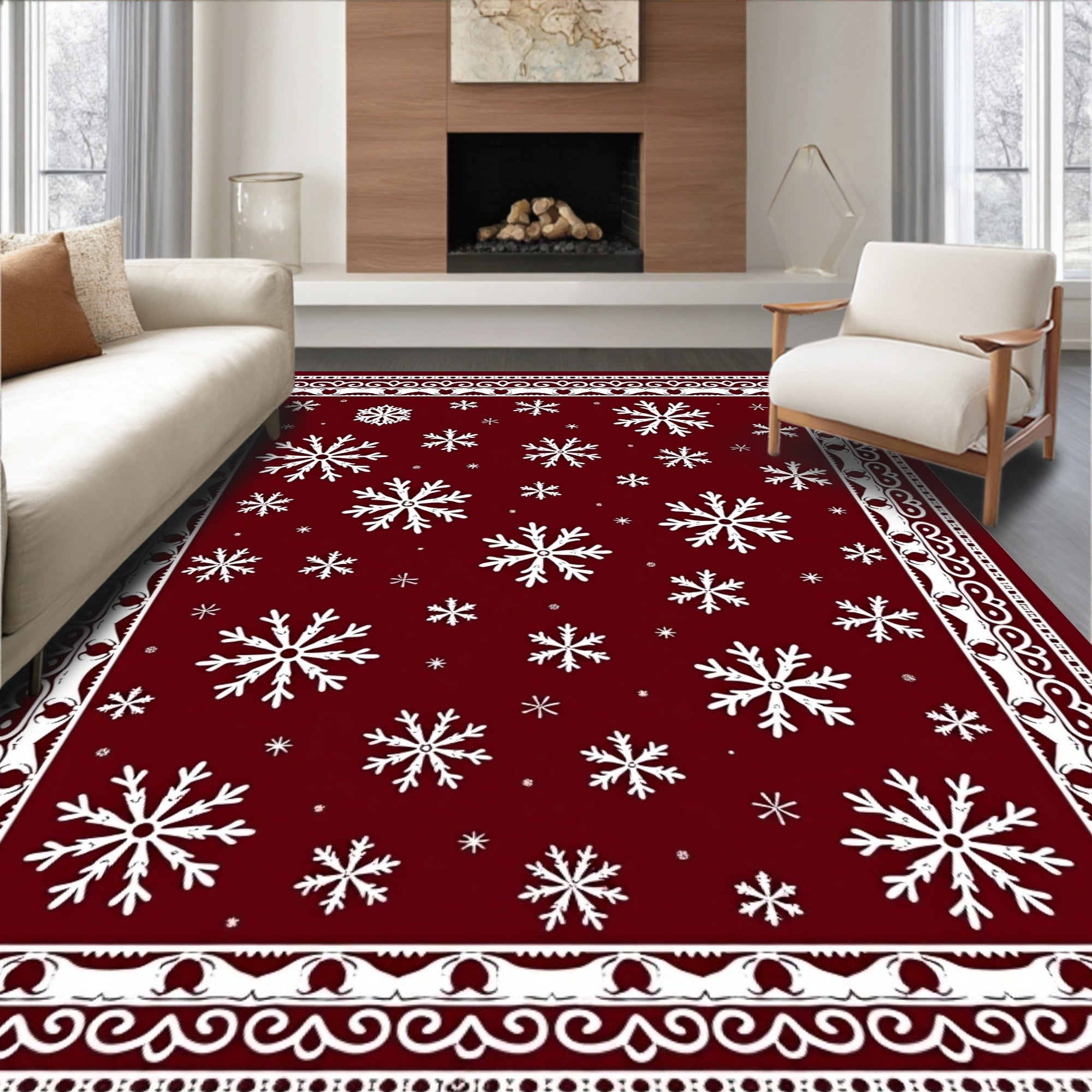 Deep Red White Winterflakes Bordered Rug