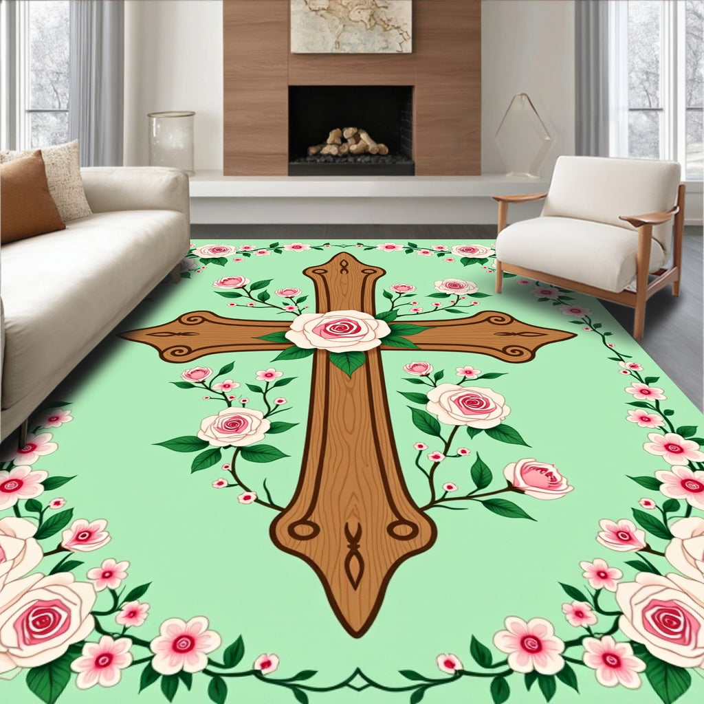 Rose Floral Cross with Wood Texture Rug