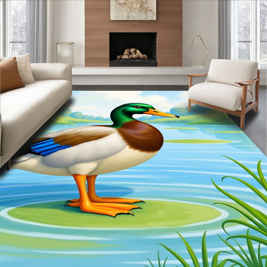 Green Headed Duck In Water Lily Pond Rug