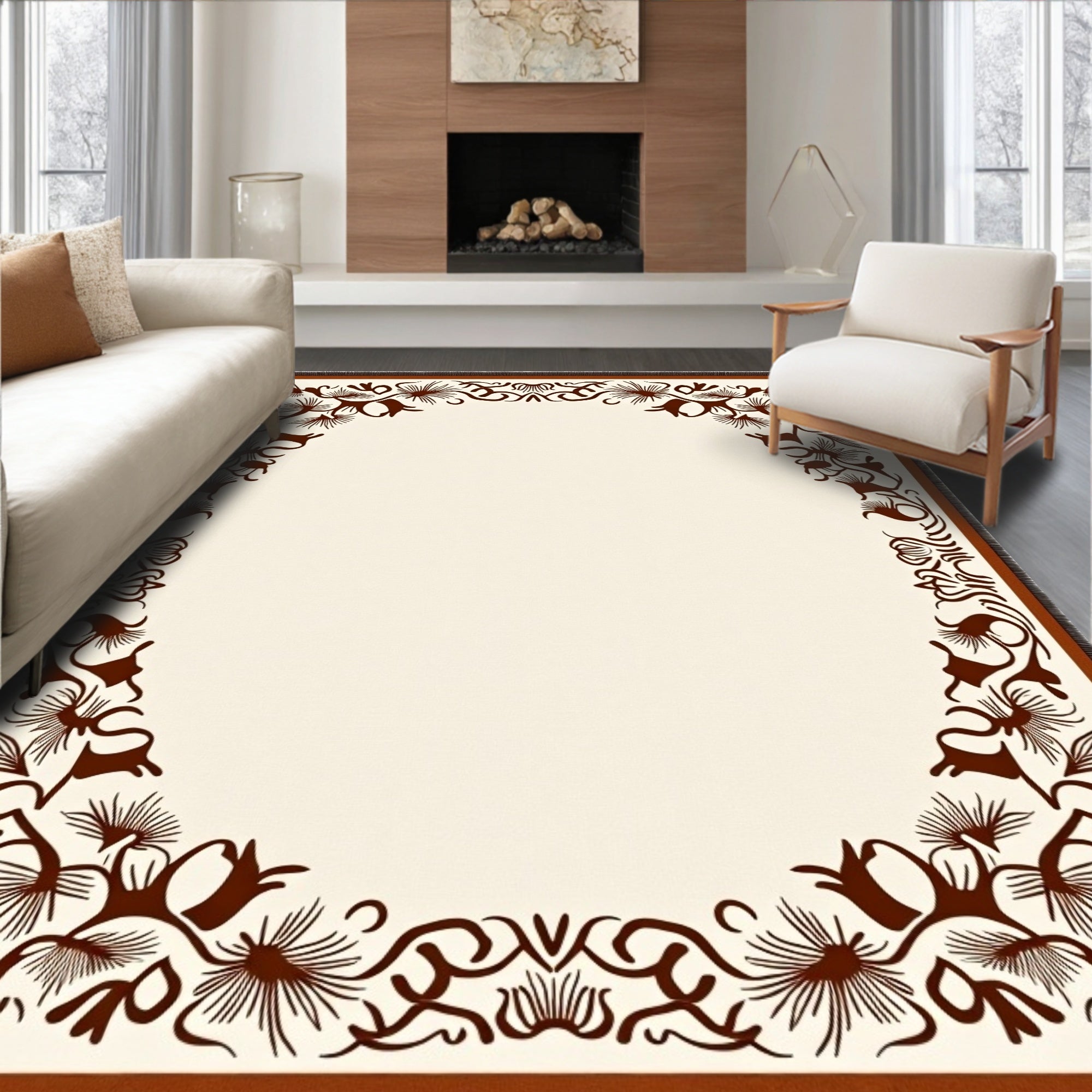 Brown Floral Vine Border Rug