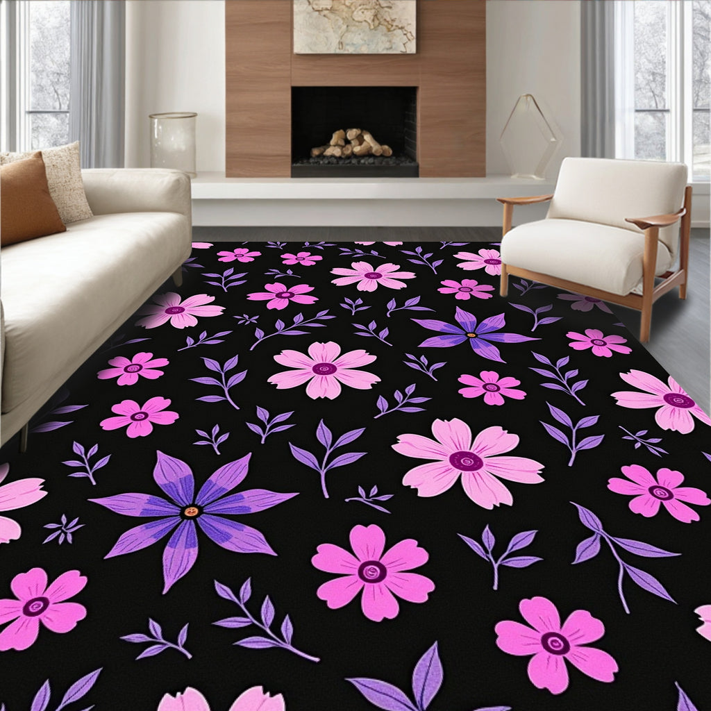 Pink Purple Floral Branches Dark Background Rug