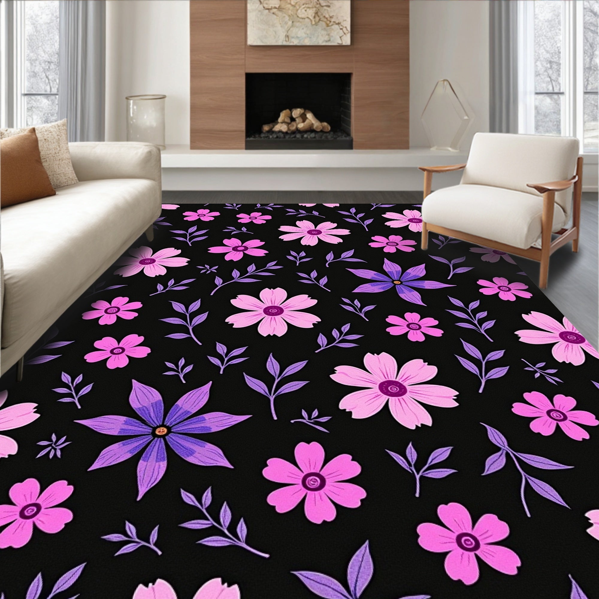 Pink Purple Floral Branches Dark Background Rug