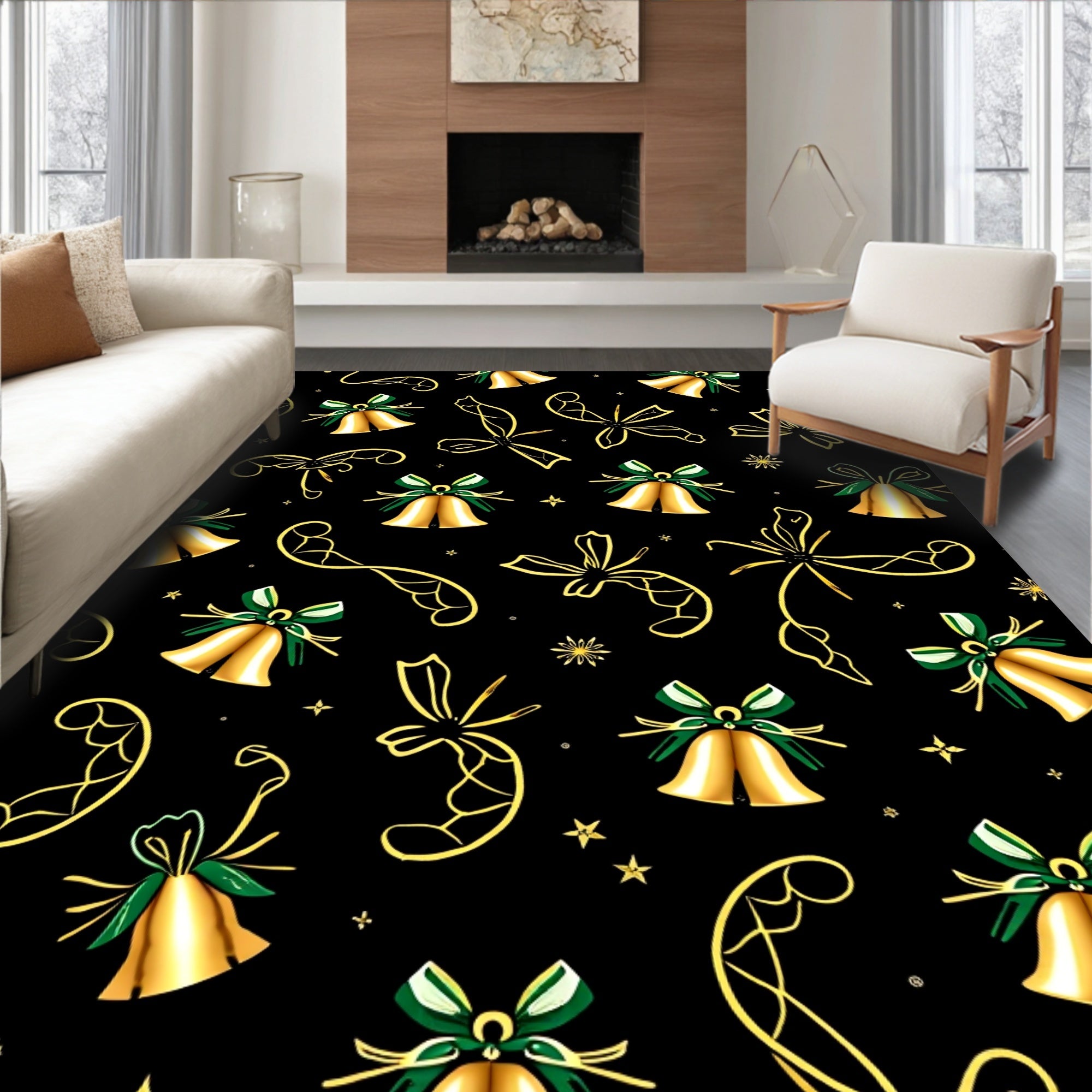 Golden Bells Green Ribbons Festive Occasion Rug