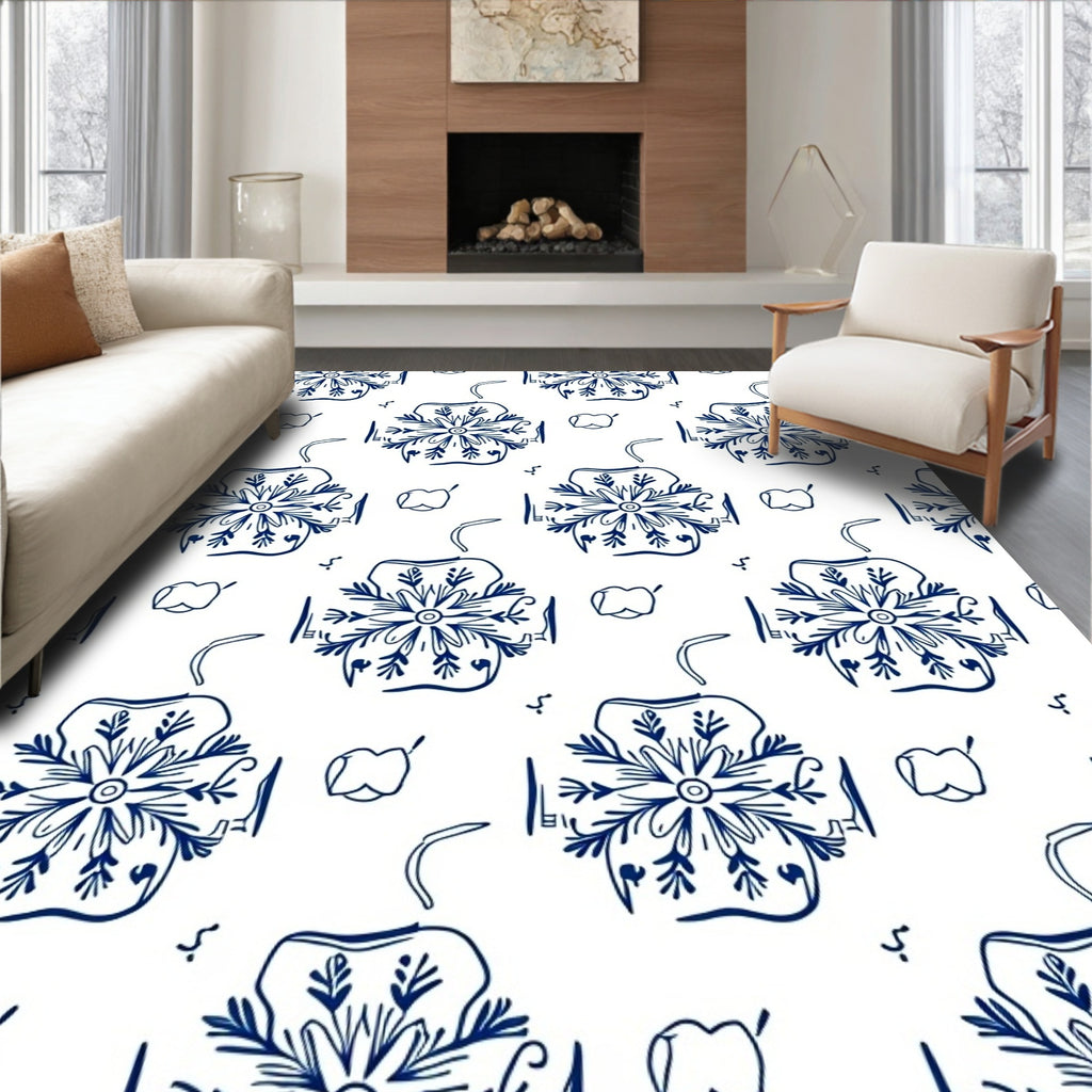 Classic Blue Floral Outline Rug
