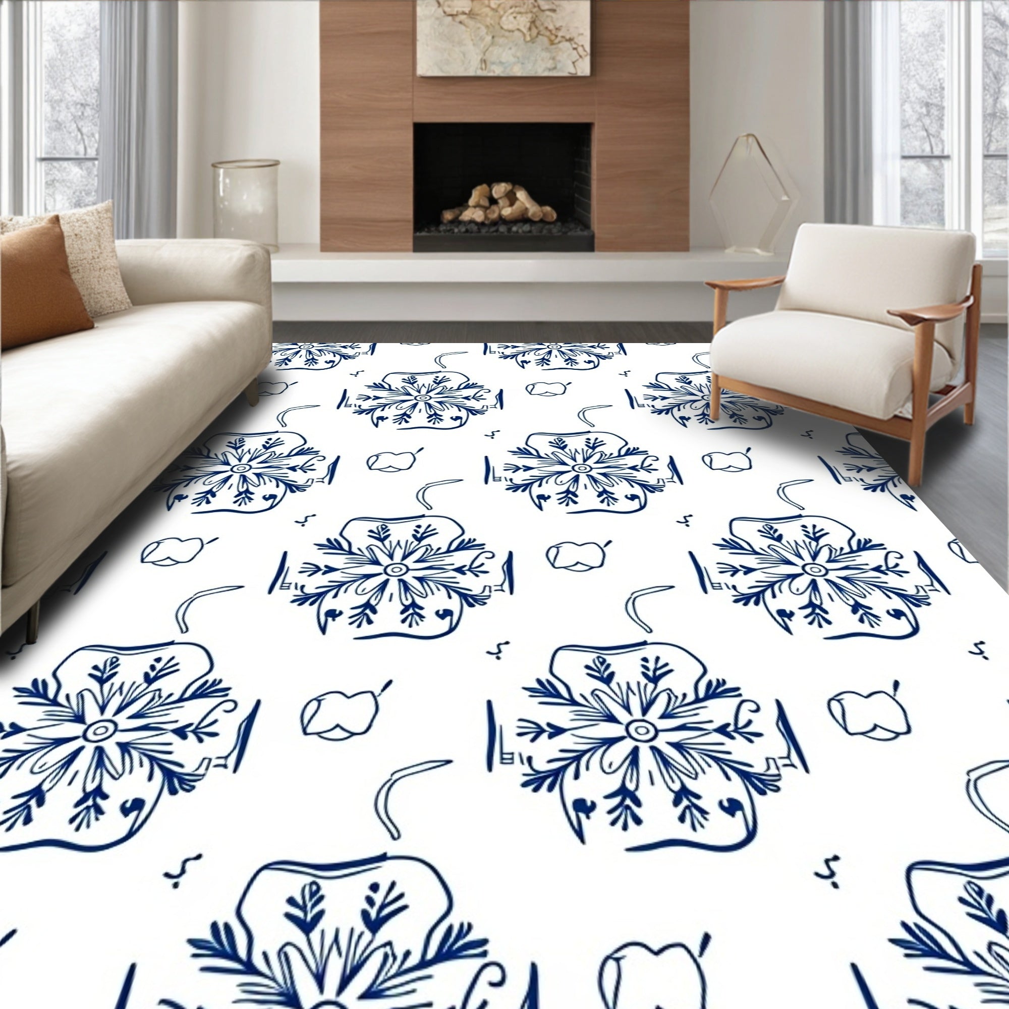 Classic Blue Floral Outline Rug