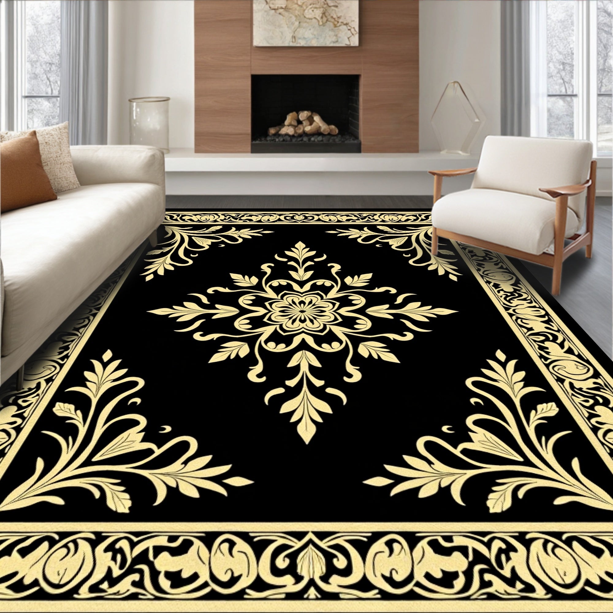 Golden Floral Medallion Black Lace Rug