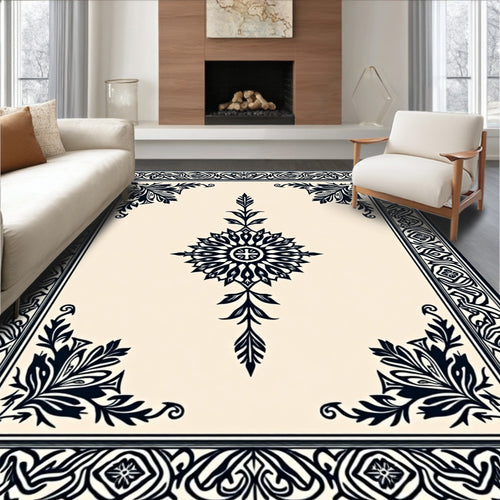 Black Floral Medallion Ivory Border Rug