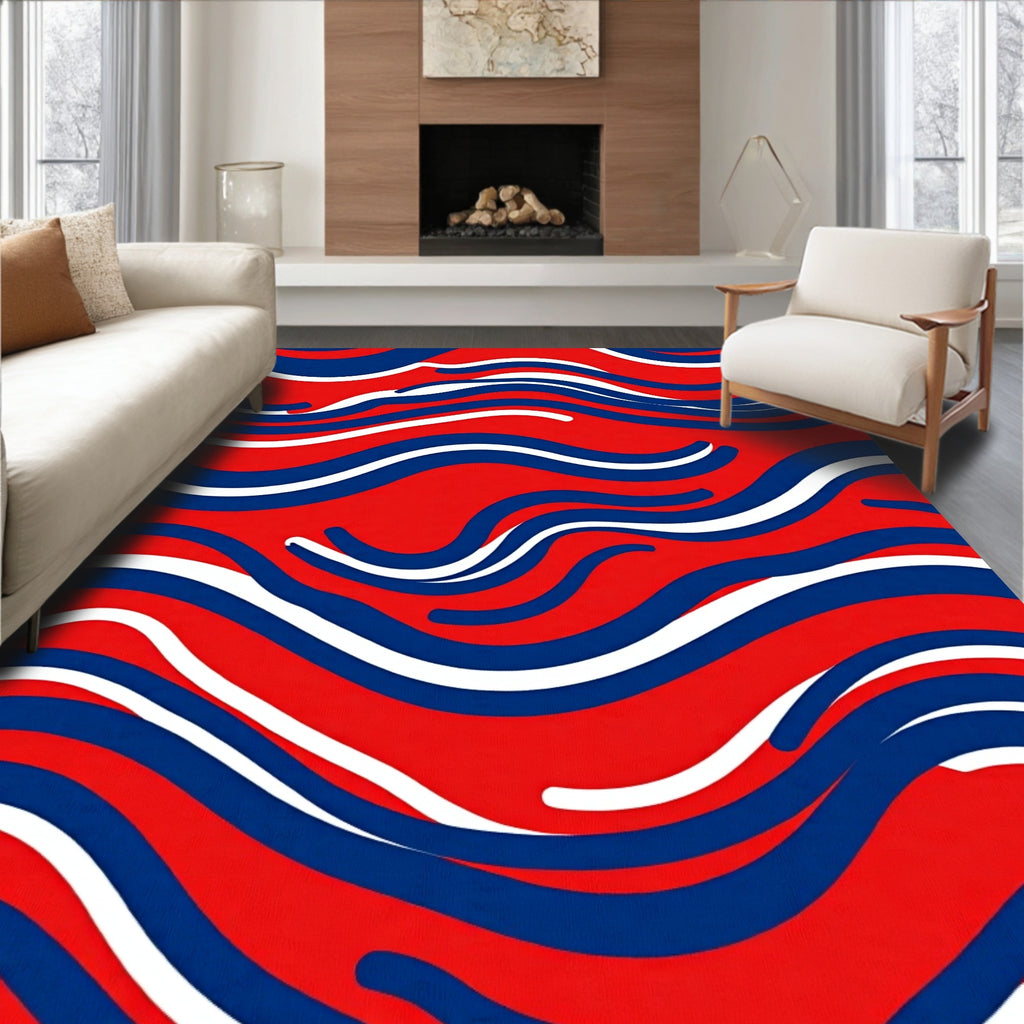 Crimson White Blue Wavy Stripes Rug