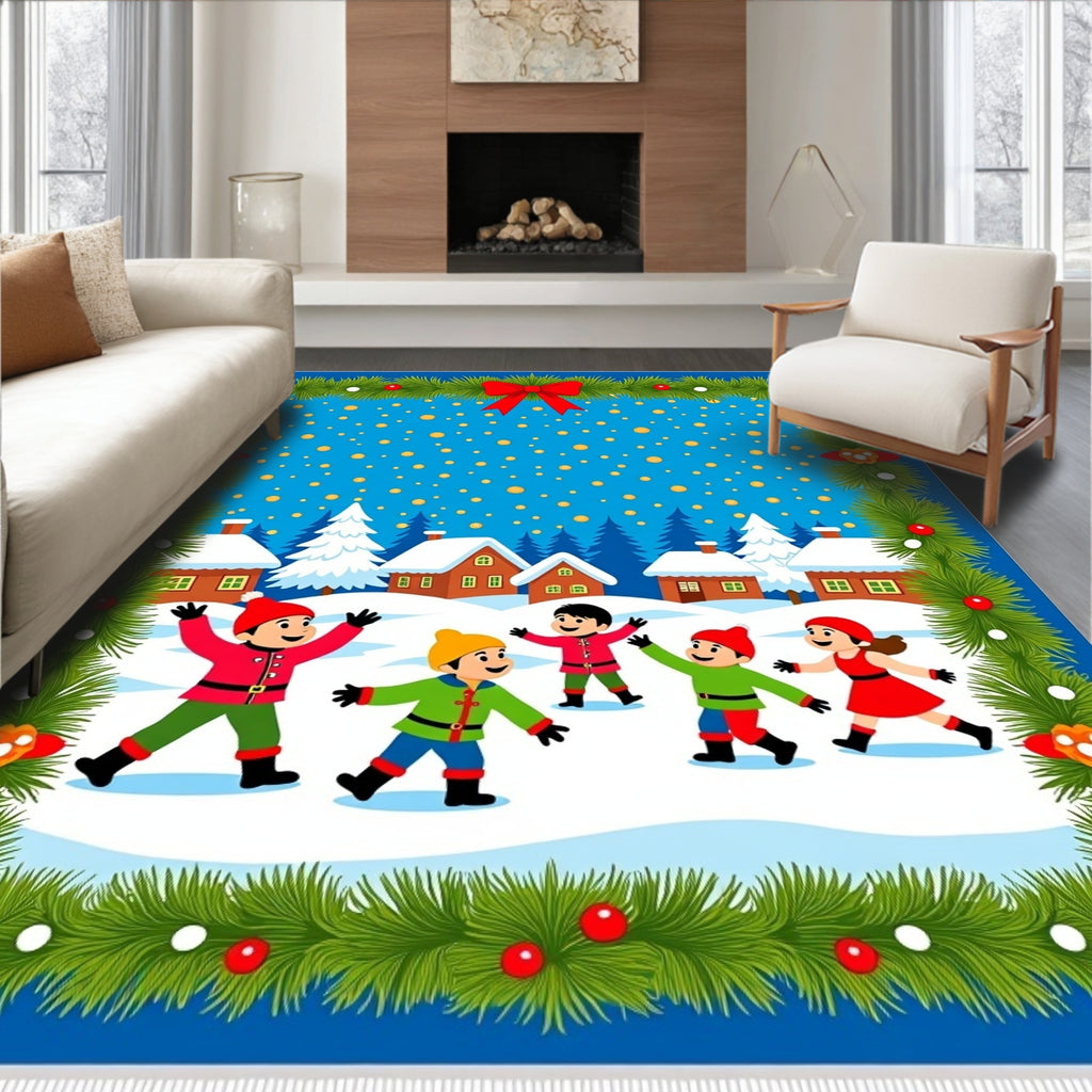 Winter Children Snow Village Garland Rug