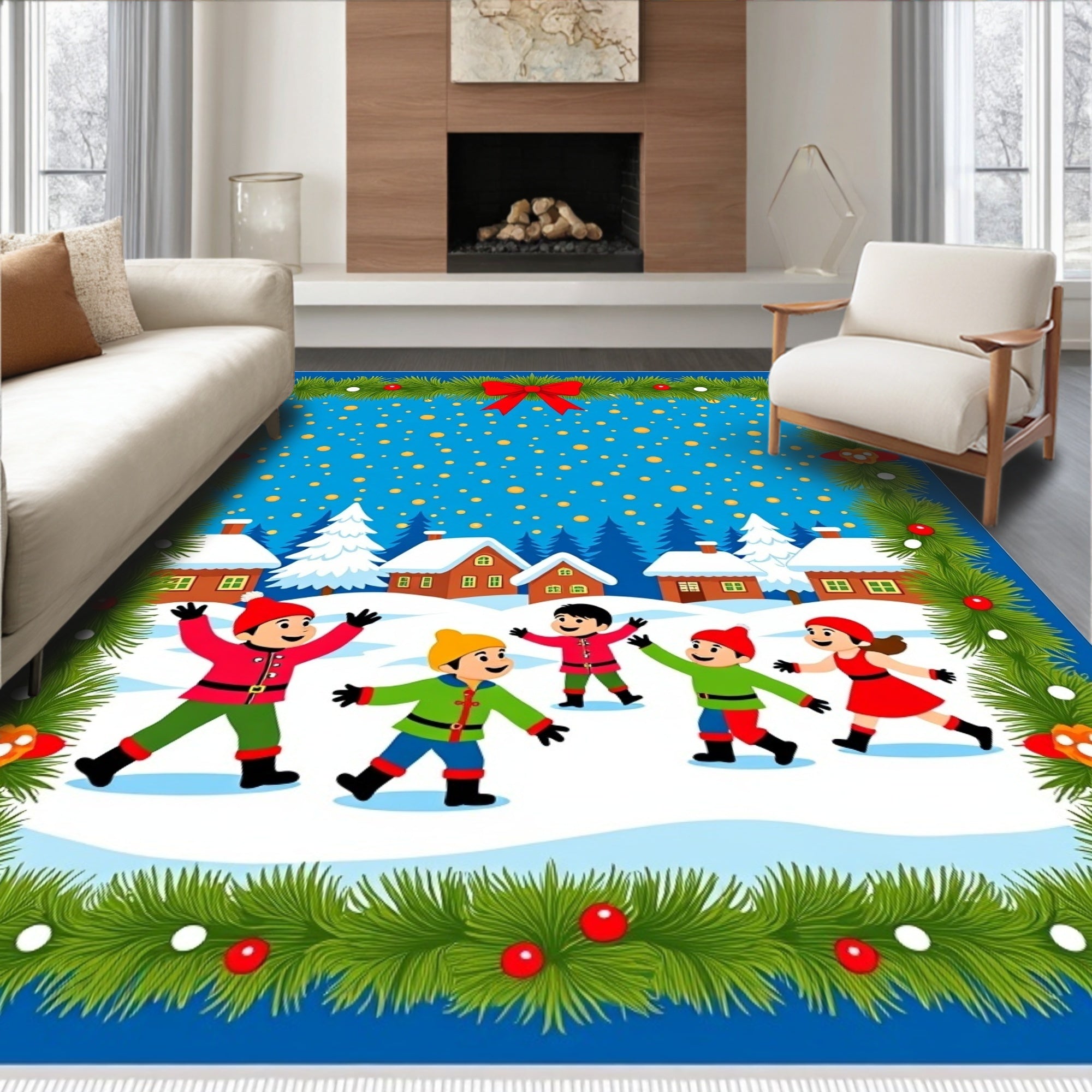 Winter Children Snow Village Garland Rug