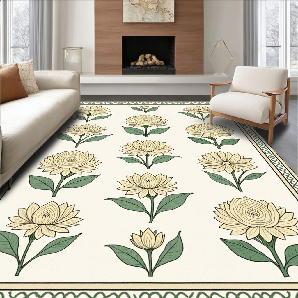 Cream Yellow Floral Garden Border Rug