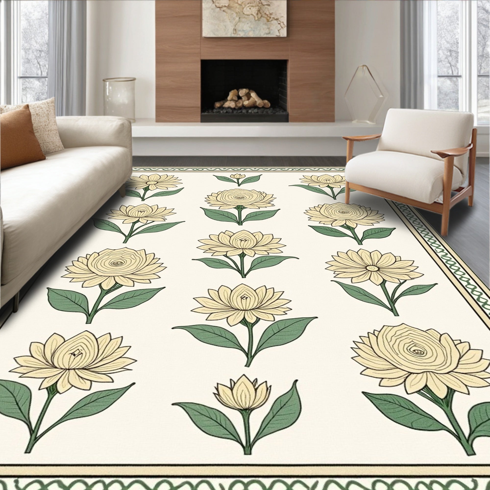 Cream Yellow Floral Garden Border Rug