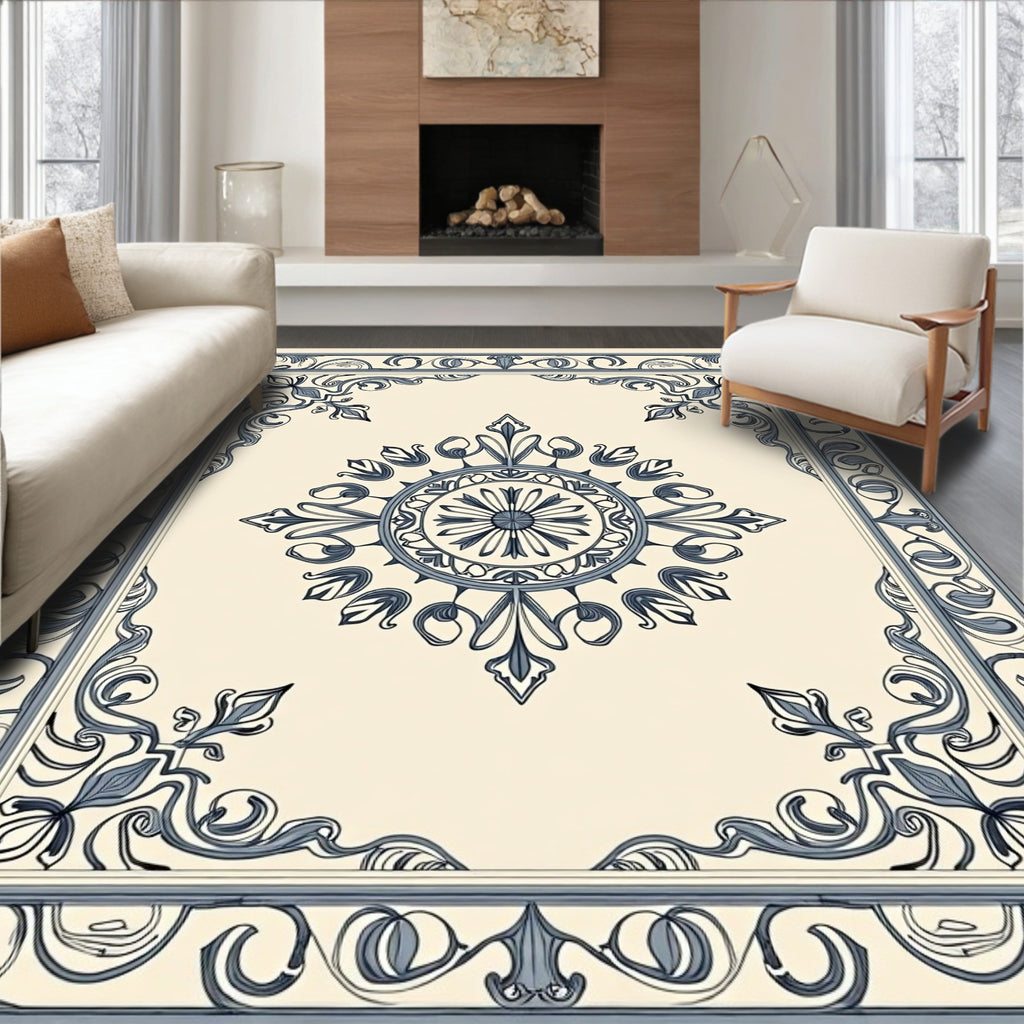 Cream Navy Floral Medallion Border Rug