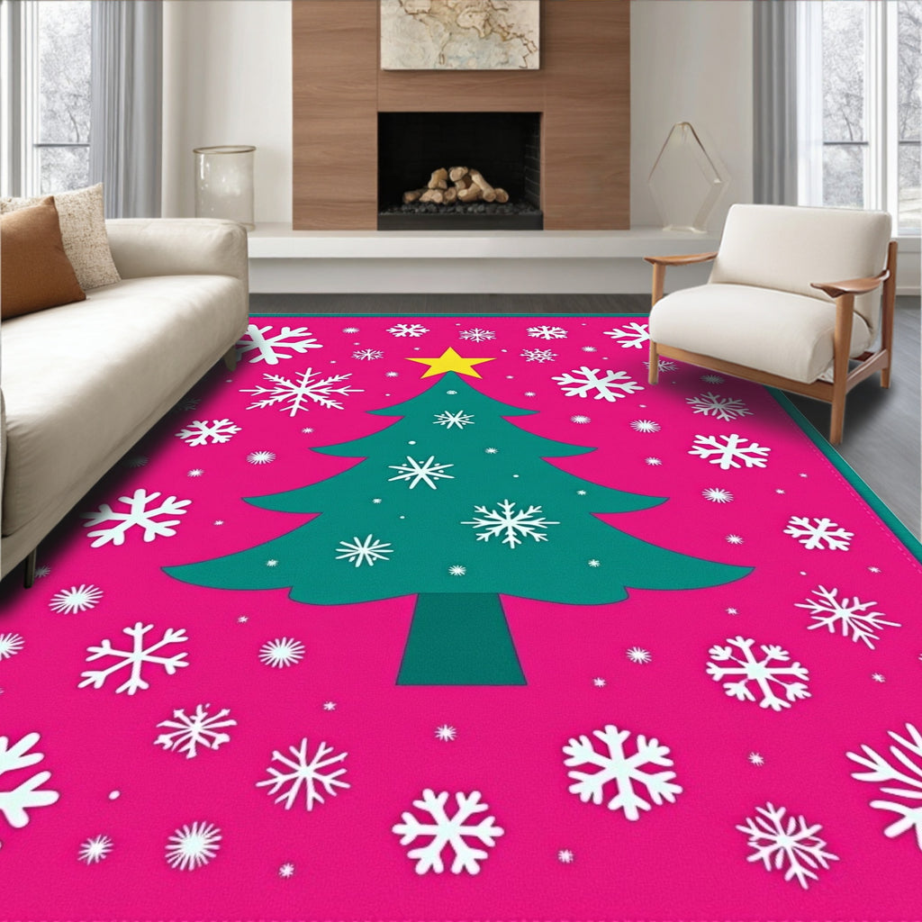 Pink Teal Christmas Tree Snowflakes Rug
