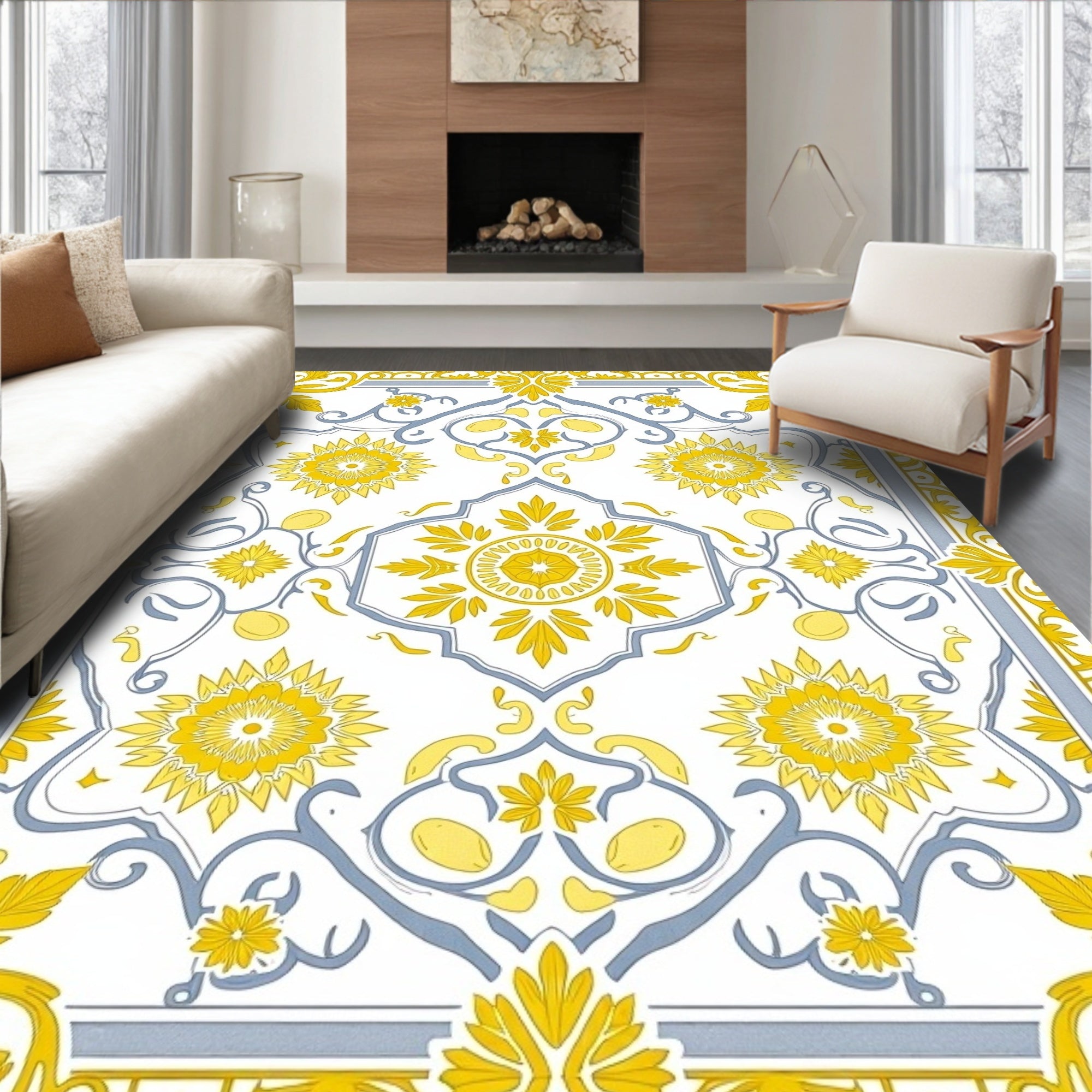 Yellow Grey Floral Medallion Scroll Rug