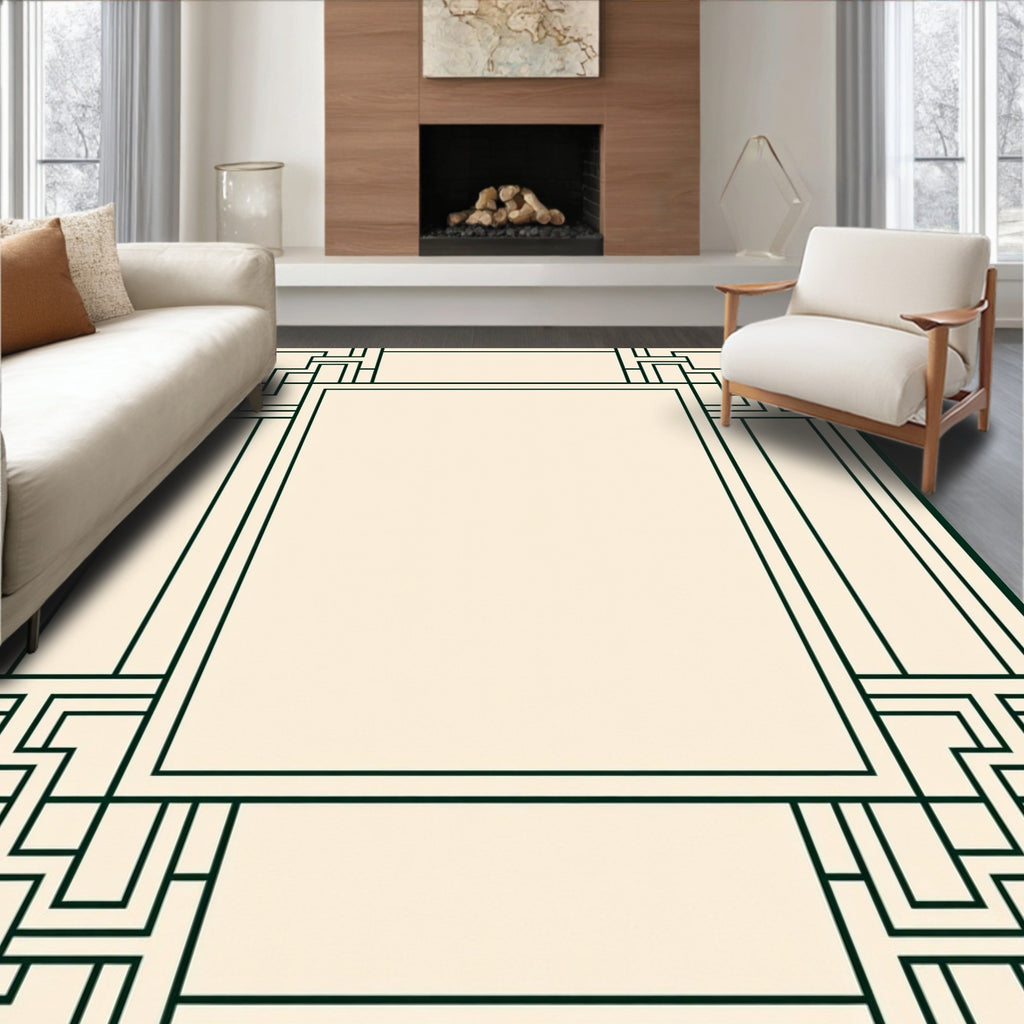Cream Black Geometric Step Frame Rug