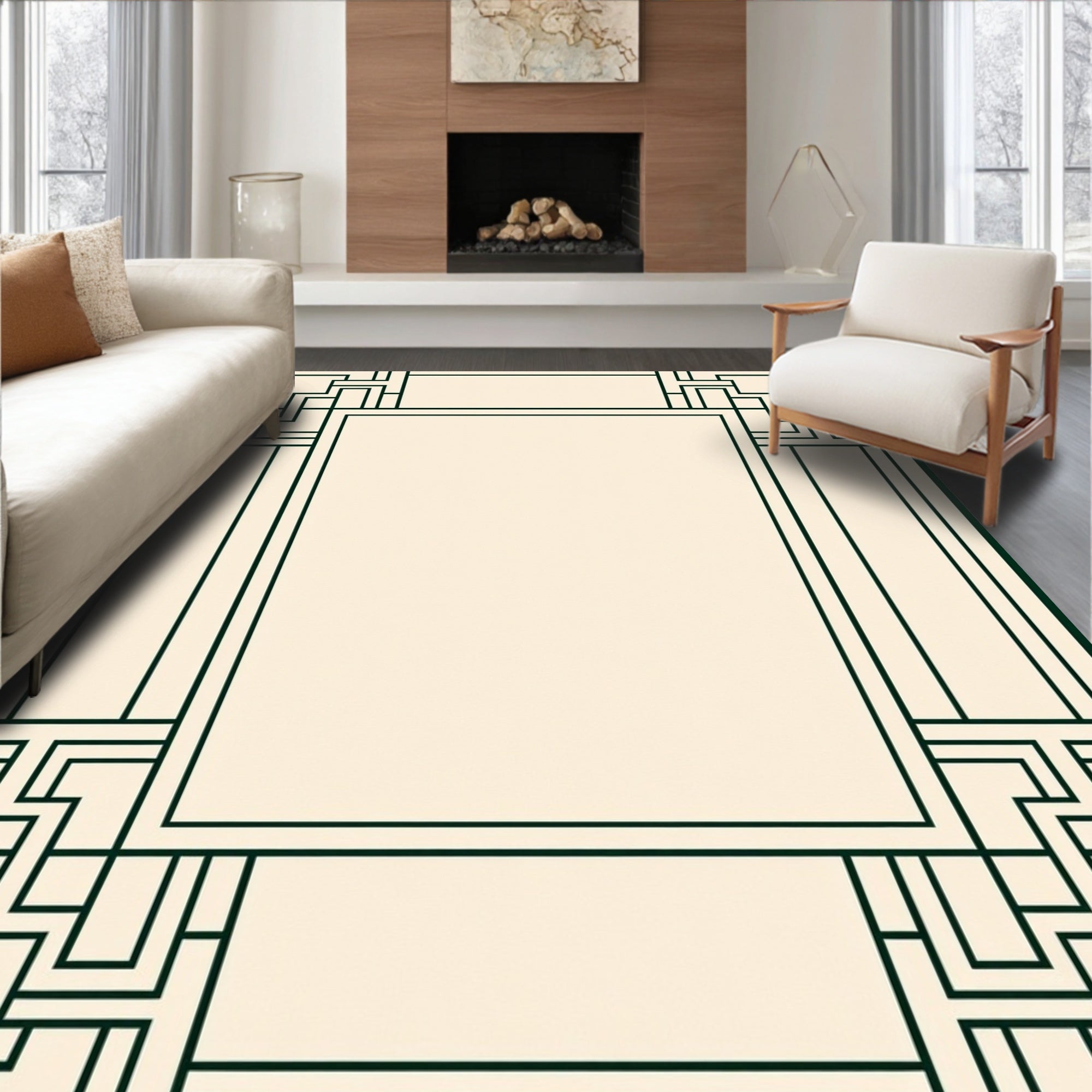 Cream Black Geometric Step Frame Rug