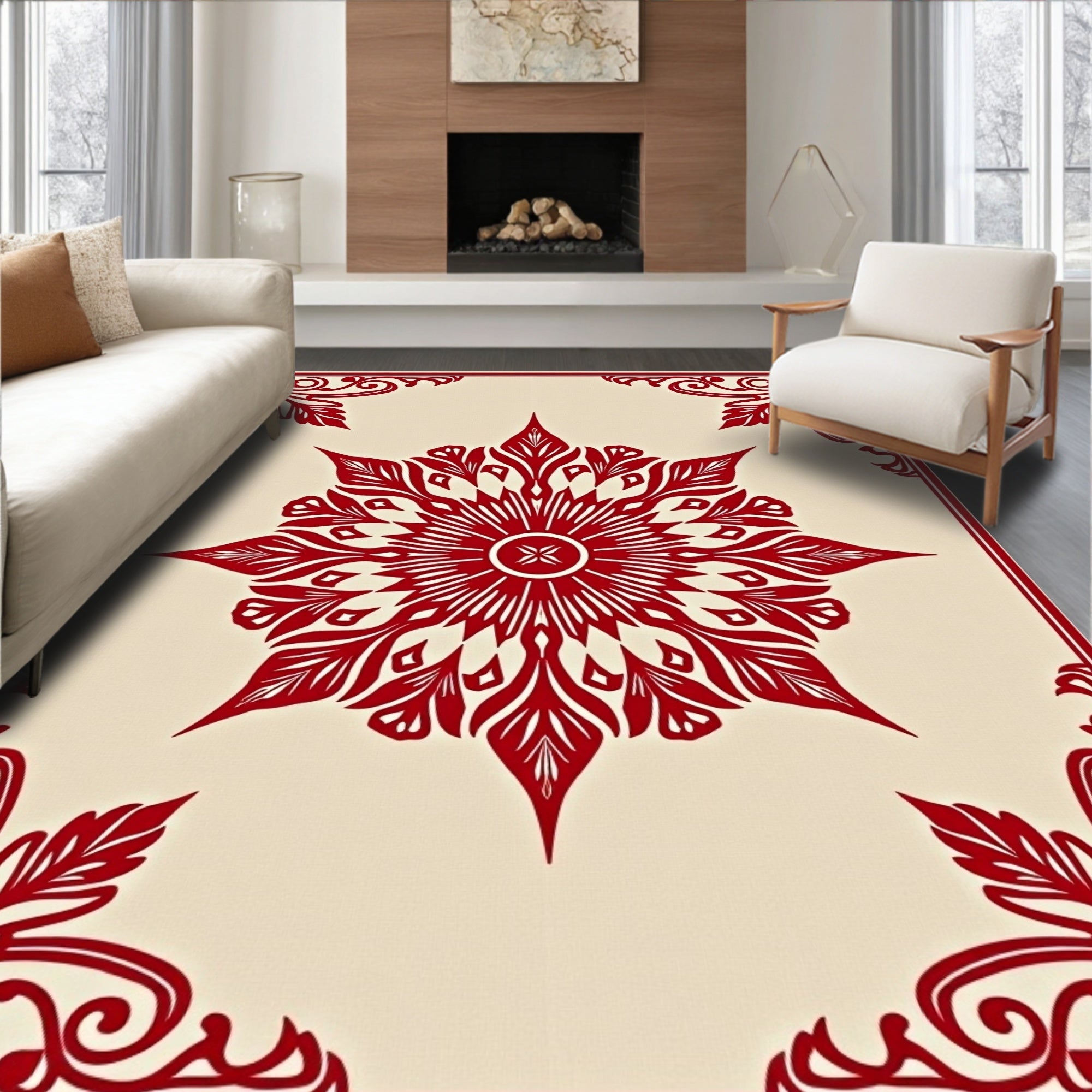 Crimson Floral Mandala Corner Frame Rug