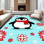 Charming Penguin Red Scarf Snowflakes Rug